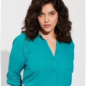 Torrid Madison Georgette Teal Long Sleeve Blouse Button Up size 4X